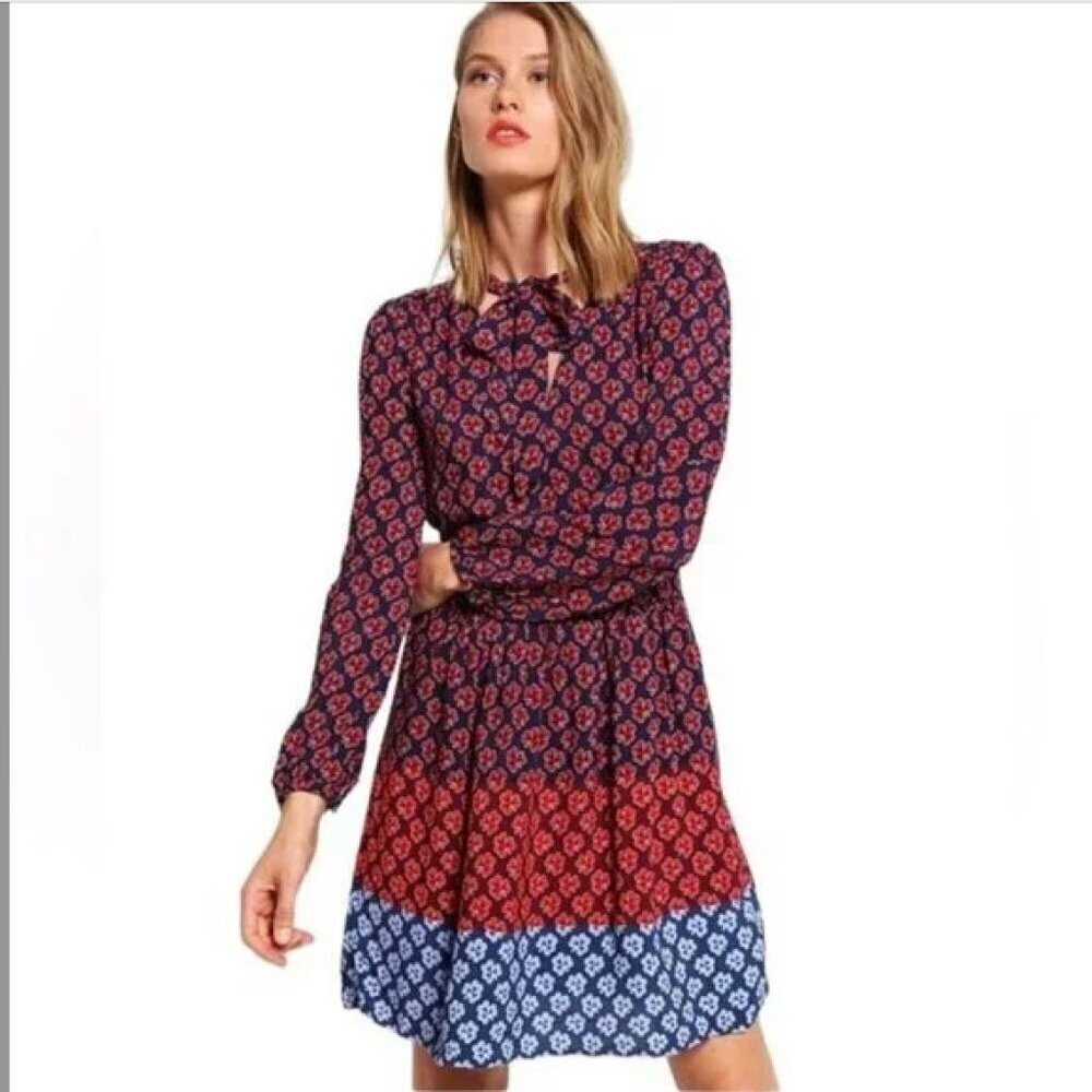 Gap Women's Shamrock Clover Pattern Tie Neck long Sleeve Mini Dress size 8